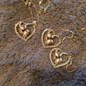 Heart Pendant Necklace and Earring Set with Black, White & Brown Enamel Birds